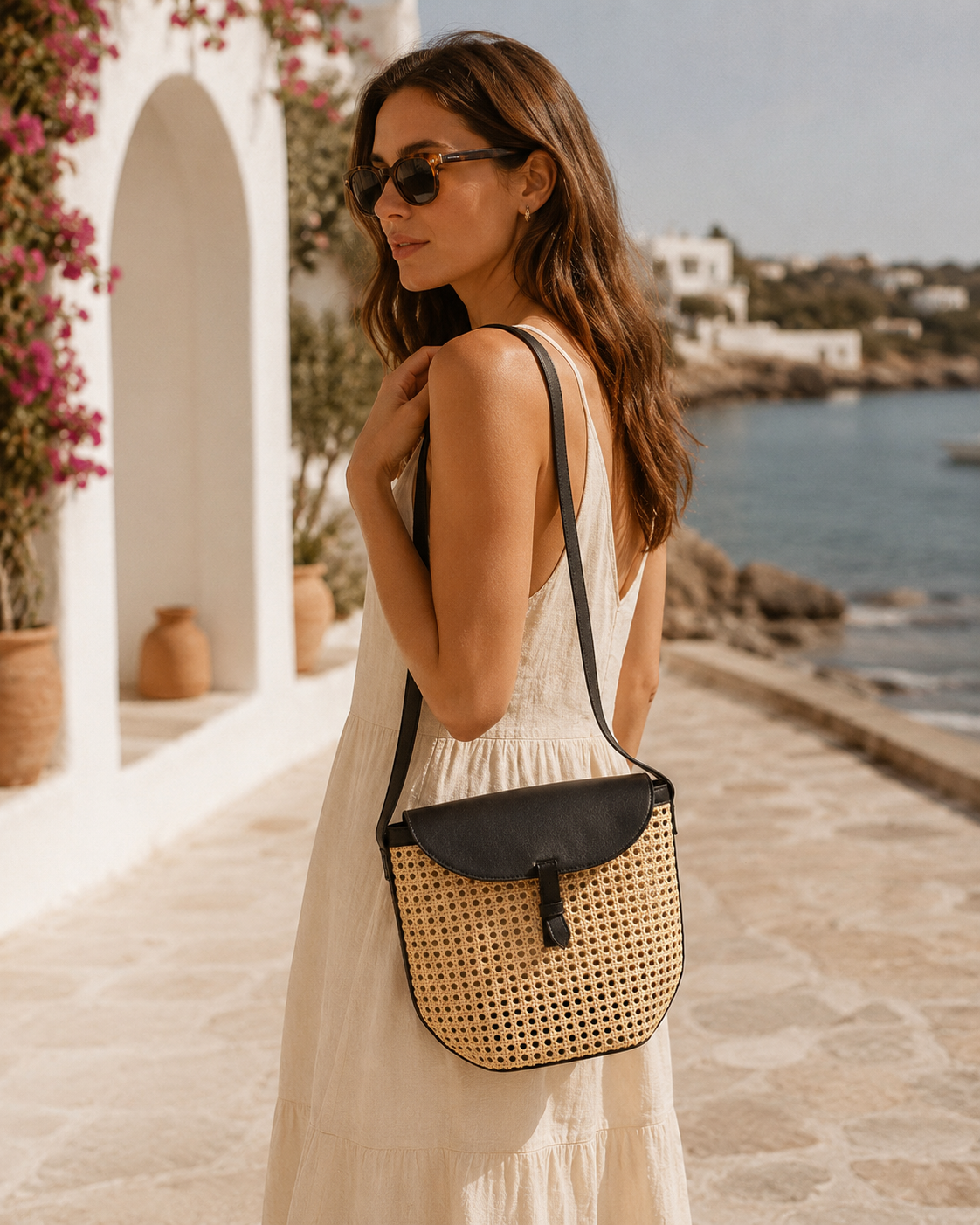 Rumi Leather and Cane Bucket Bag