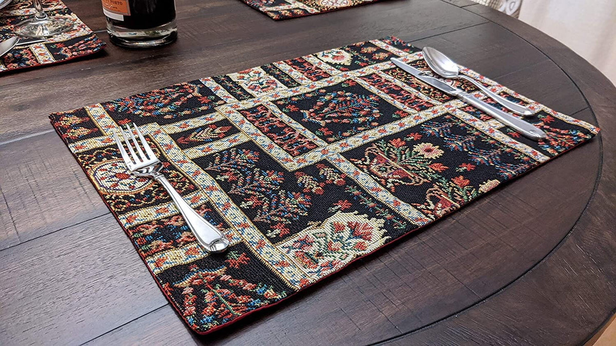 DaDalogy Bedding Set of 4-Pieces Dark Noir Mughal Floral Botanical Vintage Fleur Tapestry Placemats 13โ x 19โ (18197)