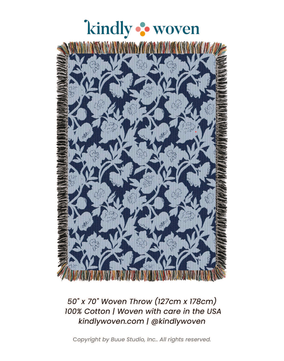 Addy Delft Blue Floral Jacquard Woven Throw Blanket, Reversible Cotton Throw, Made in USA