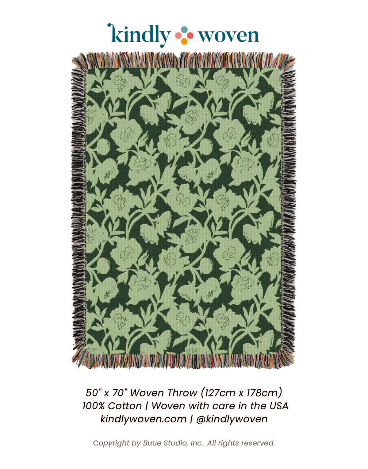 Addy Spruce Green Floral Jacquard Woven Throw Blanket, Reversible Cotton Throw, Made in USA
