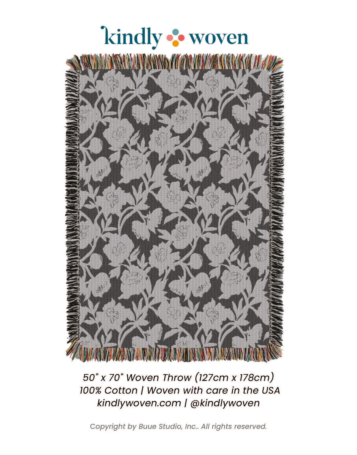 Addy Tuffet Neutral Floral Jacquard Woven Throw Blanket, Reversible Cotton Throw, Made in USA