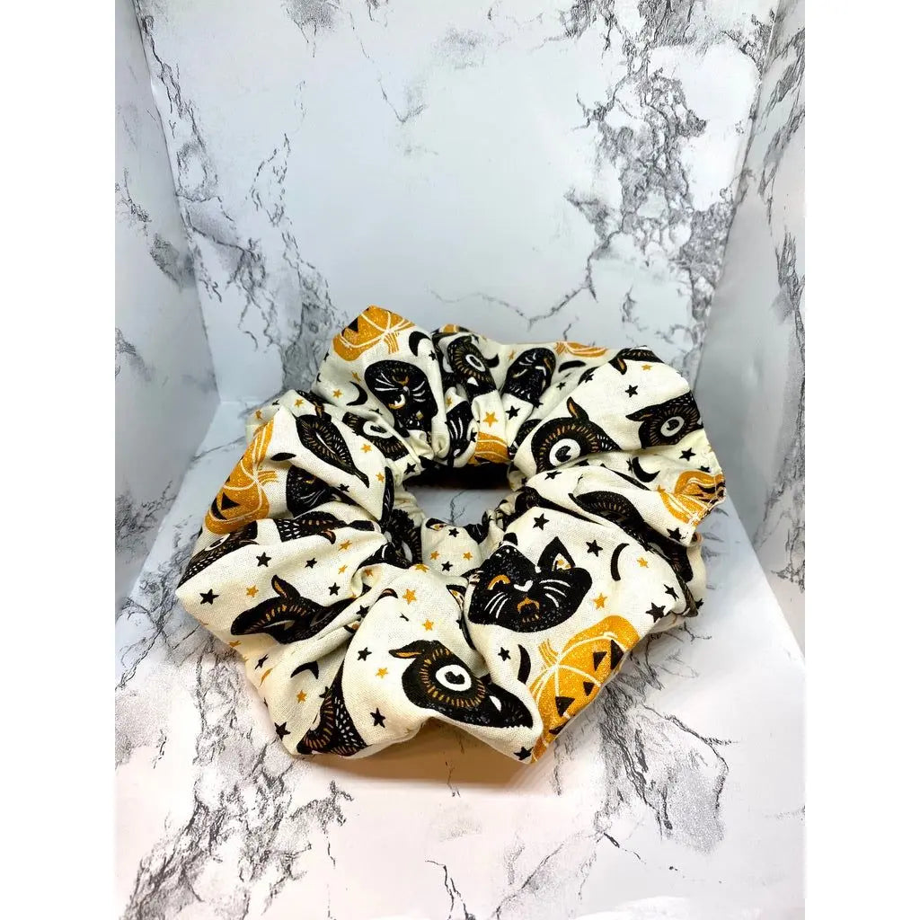 White Cat and Owl Heads Halloween Scrunchie