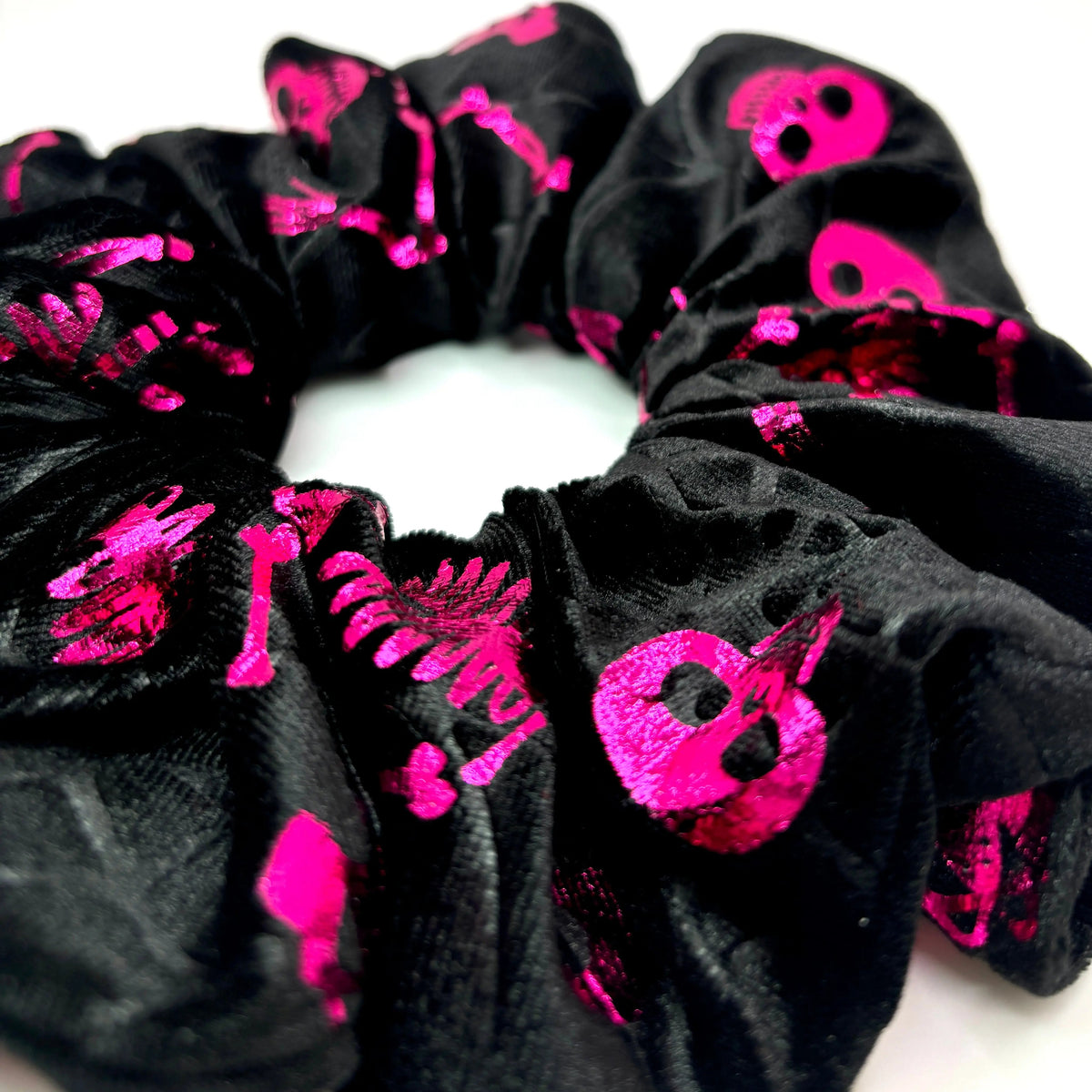 Pink Skeleton Velvet Halloween Scrunchie