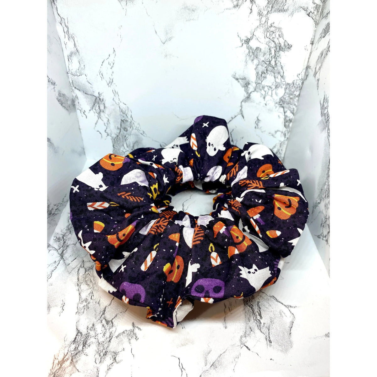 Purple Ghost and Pumpkin Halloween Scrunchie