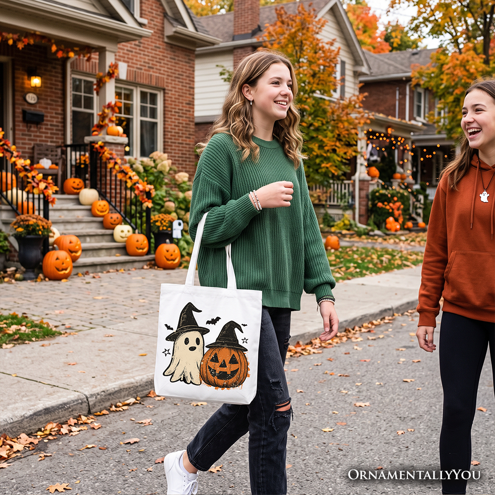 Witch Hat Ghost and Pumpkin Tote Bag, Vintage Halloween Jack Oโ Lantern Gift Shopper