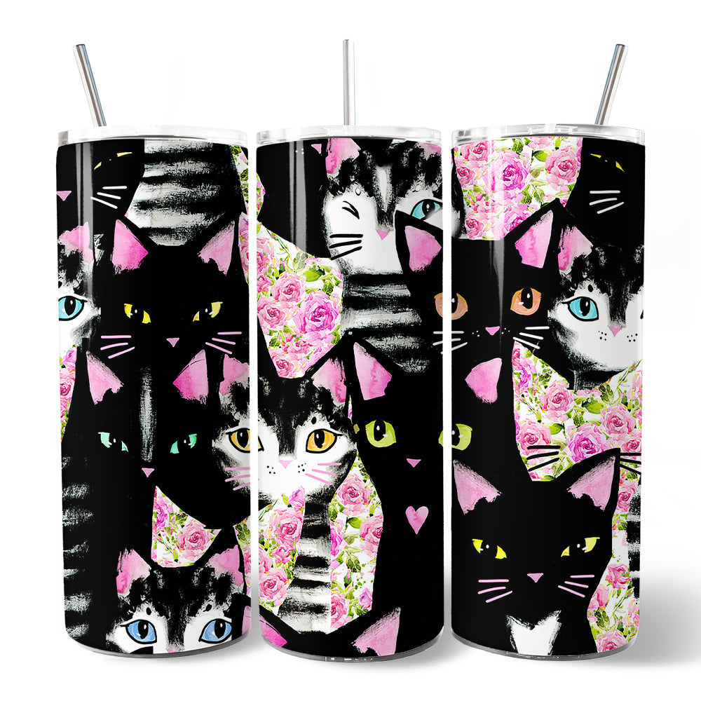 Black Cats Pink Rose Pattern 20oz Personalized Tumbler With Lid and Stainless Steel Straw, Cute Floral Kitty Gift Cup