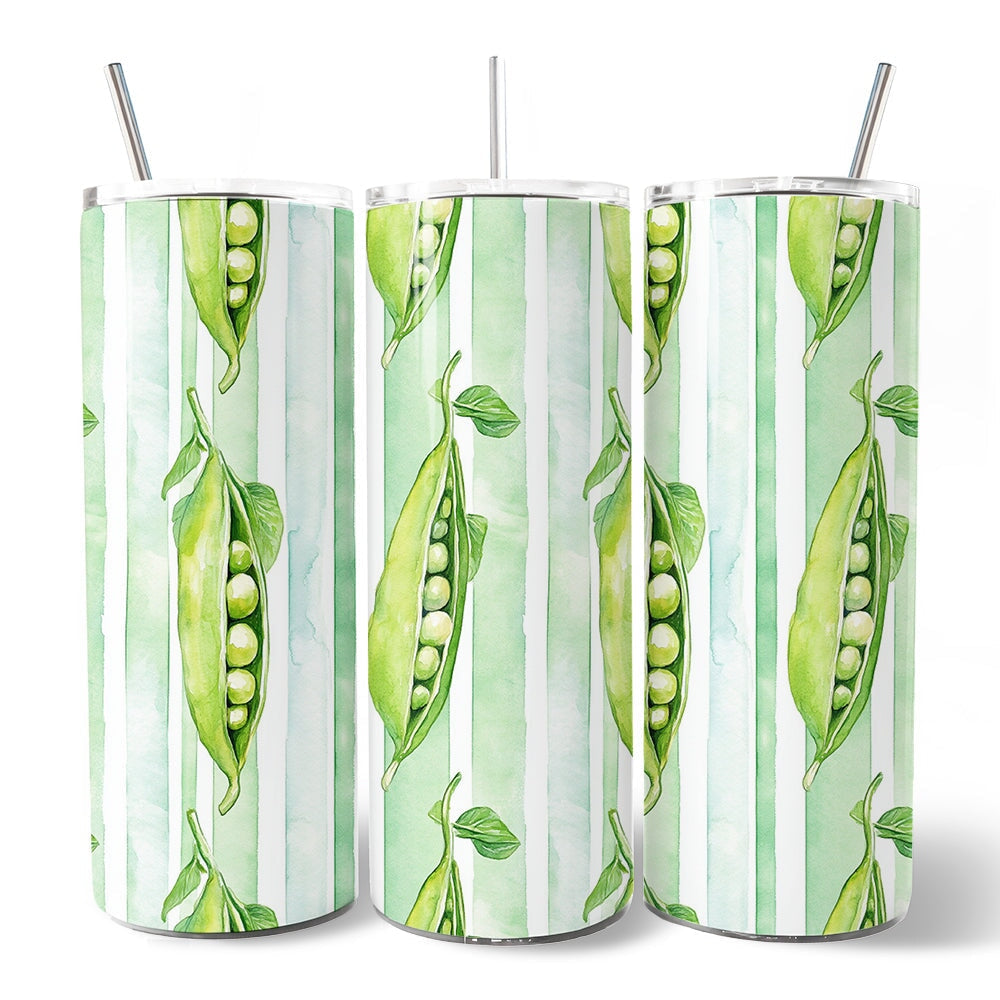 Fresh Green Pea Pod Pattern 20oz Personalized Tumbler With Lid and Stainless Steel Straw, Watercolor Garden Vegetable Gift Cup