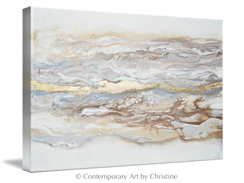 "Ingrained in My Soul" GICLรE PRINT Art Abstract Painting Neutral White Beige Gold Leaf Marbled Coastal Landscape