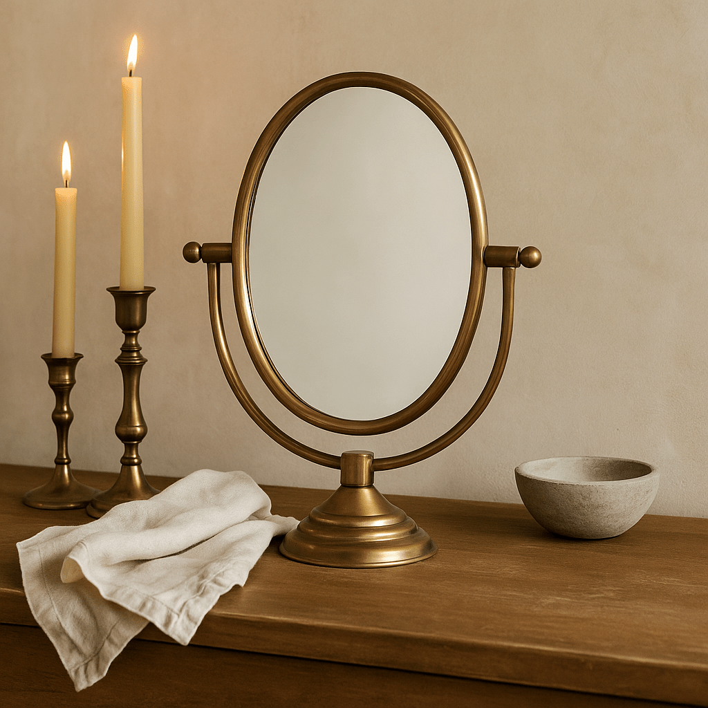 Austine Framed Mirror on Stand โ Antique Brass Finish