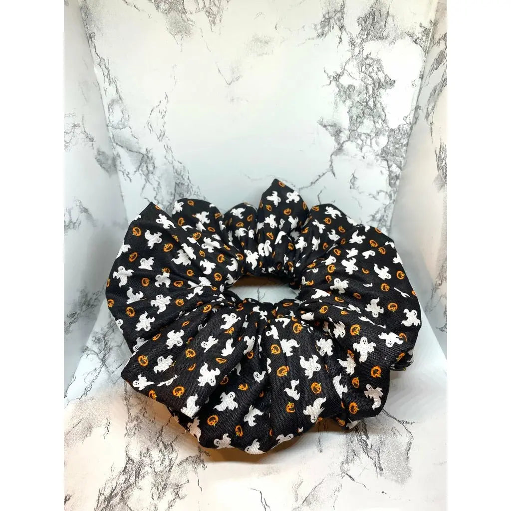 Ghost and Pumpkin Silk Halloween Scrunchie