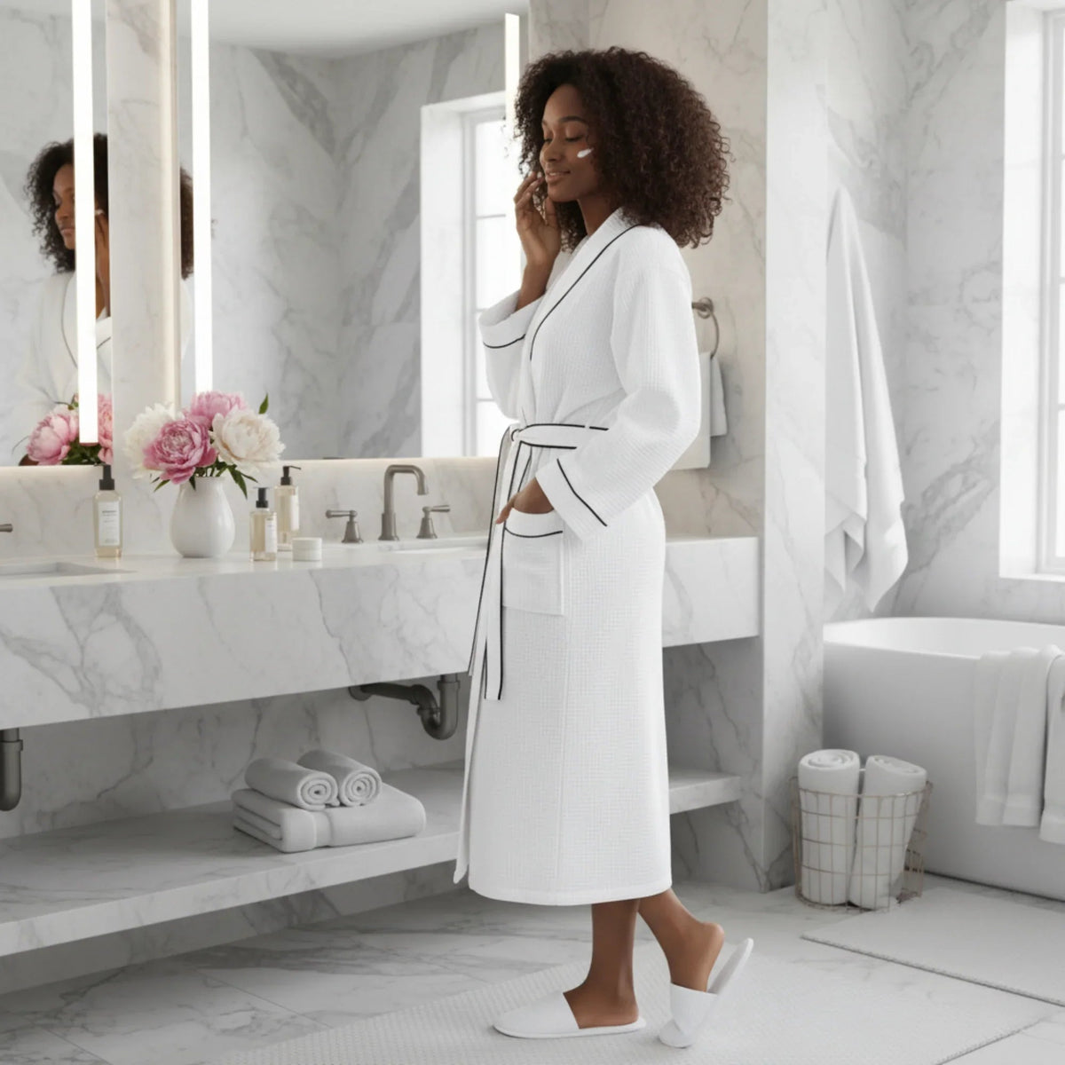 Womenโs Waffle Piping Bathrobe โ Lightweight Spa-Style Comfort