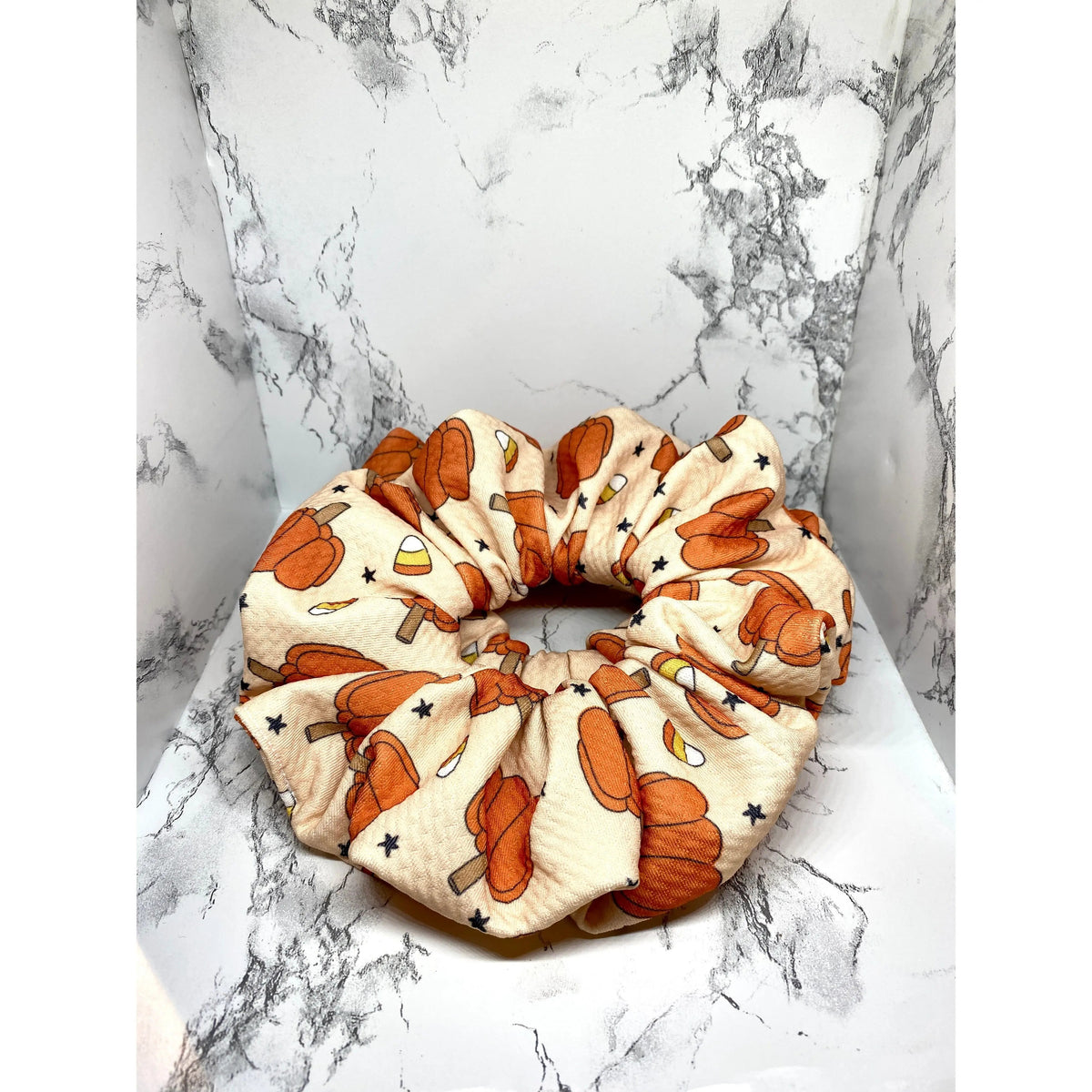 Beige Pumpkin and Candy Corn Halloween Bullet Scrunchie