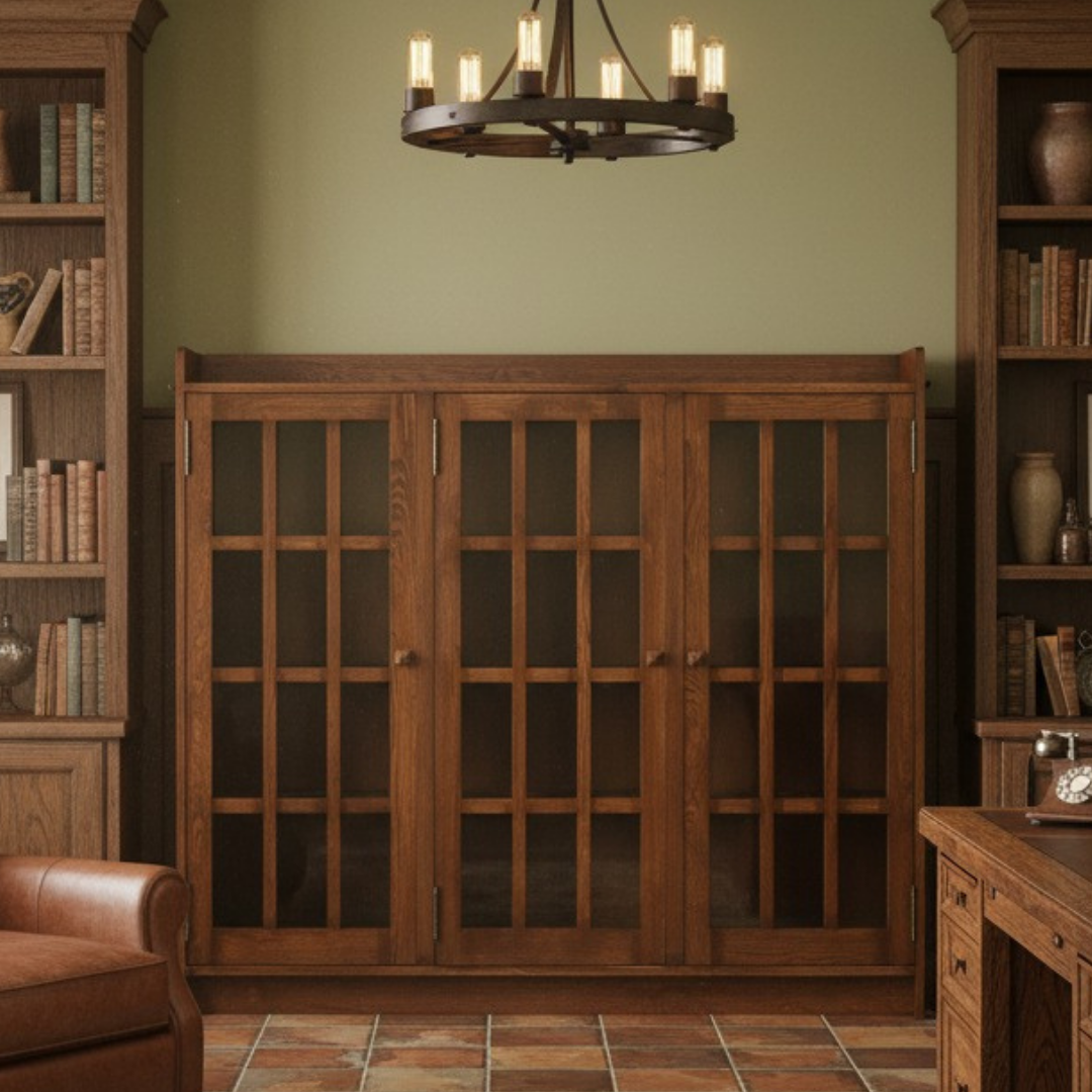 Mission Oak 3 Door Display Bookcase