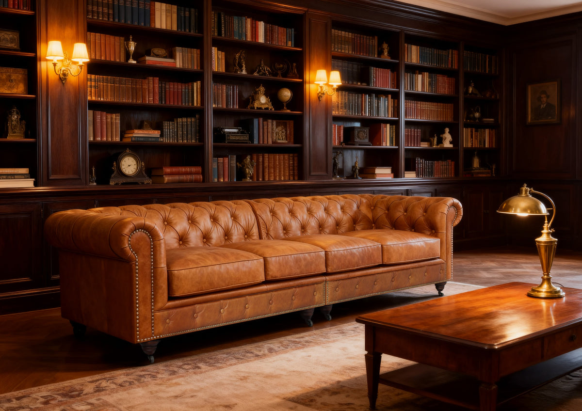 Belgravia Chesterfield Top Grain Leather Sofa with Tufted Back & Rolled Arms