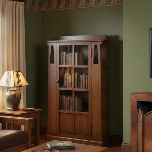 Mission 1 Door Bookcase with Side Shelves - Walnut Stain