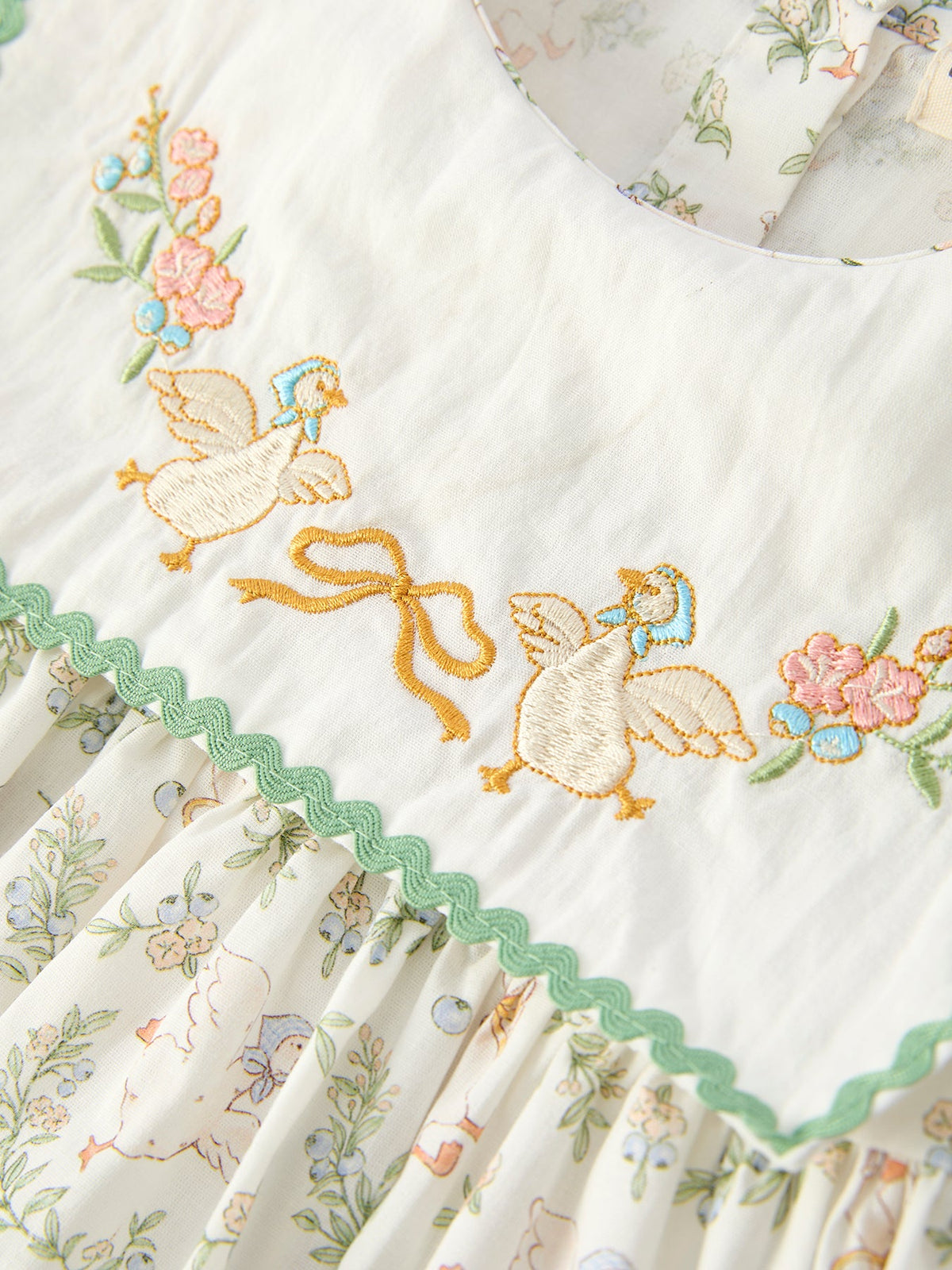 Vintage Floral Duck Embroidery Spring Girl Dress