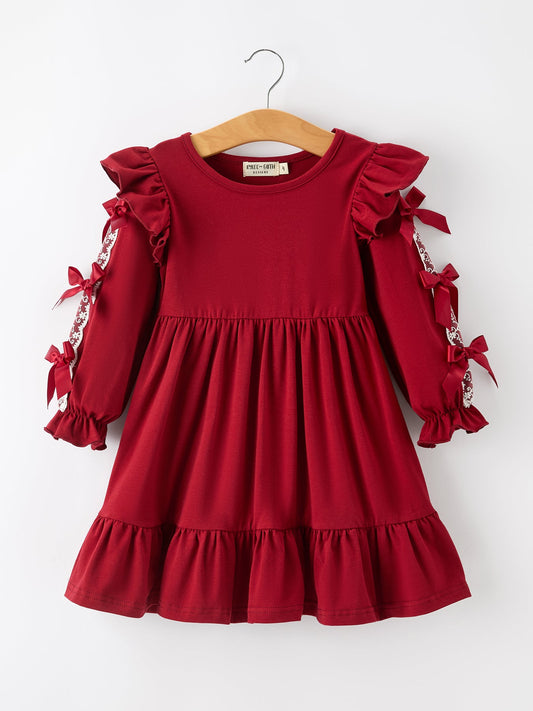 Christmas Girls Red Lace Bow Ruffle Dress