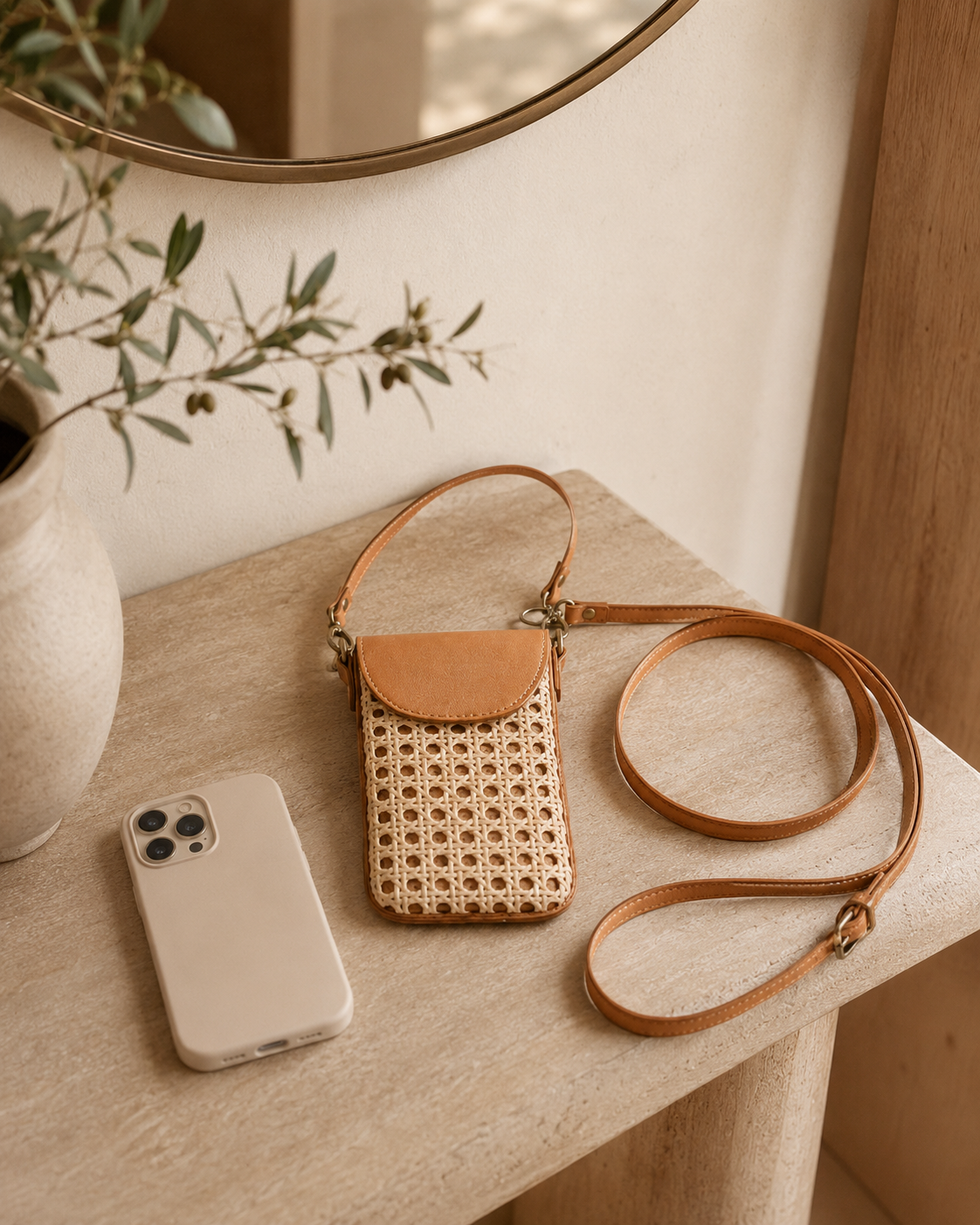 Nia Leather and Rattan Phone Sling