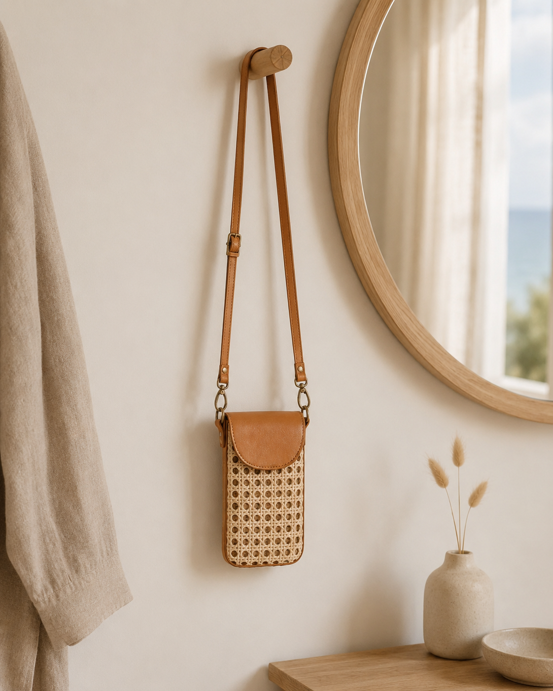 Nia Leather and Rattan Phone Sling