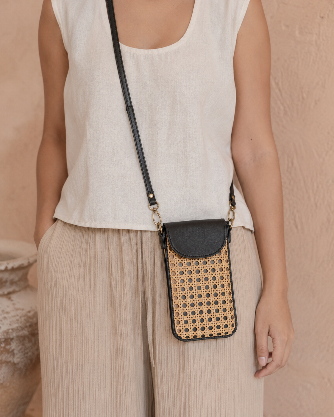 Nia Leather and Rattan Phone Sling