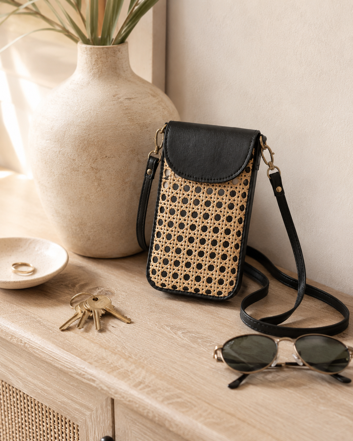 Nia Leather and Rattan Phone Sling
