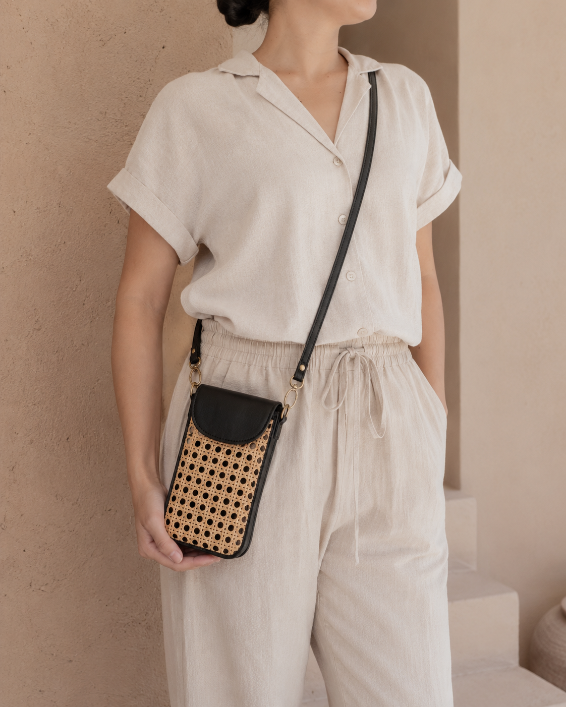 Nia Leather and Rattan Phone Sling
