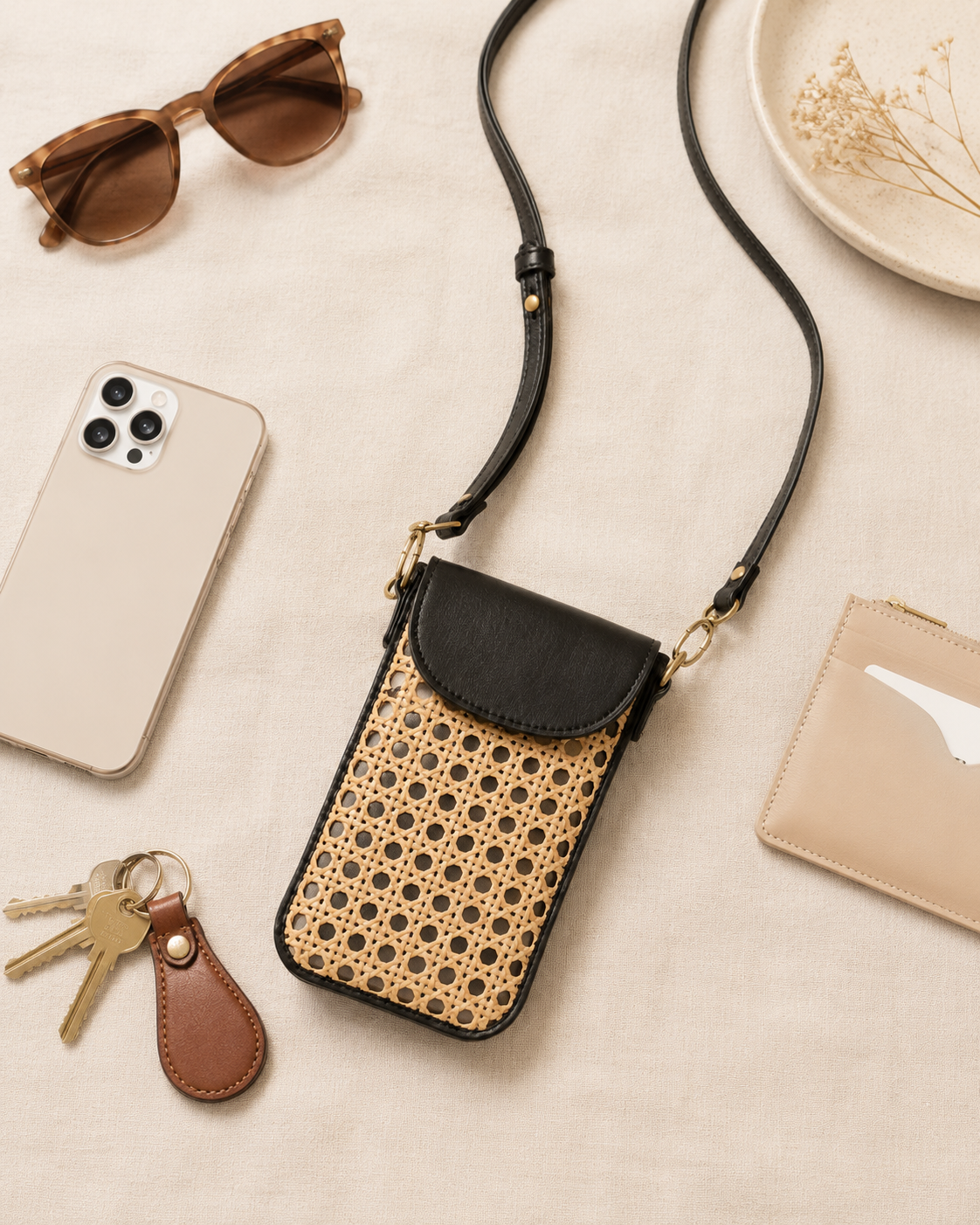 Nia Leather and Rattan Phone Sling