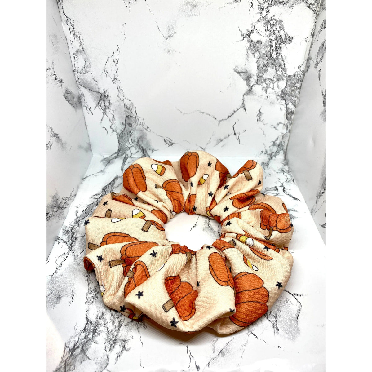 Beige Pumpkin and Candy Corn Halloween Bullet Scrunchie