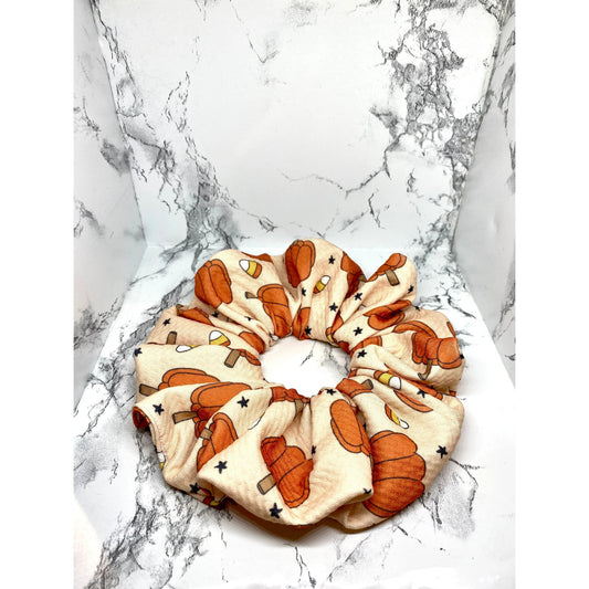Beige Pumpkin and Candy Corn Halloween Bullet Scrunchie