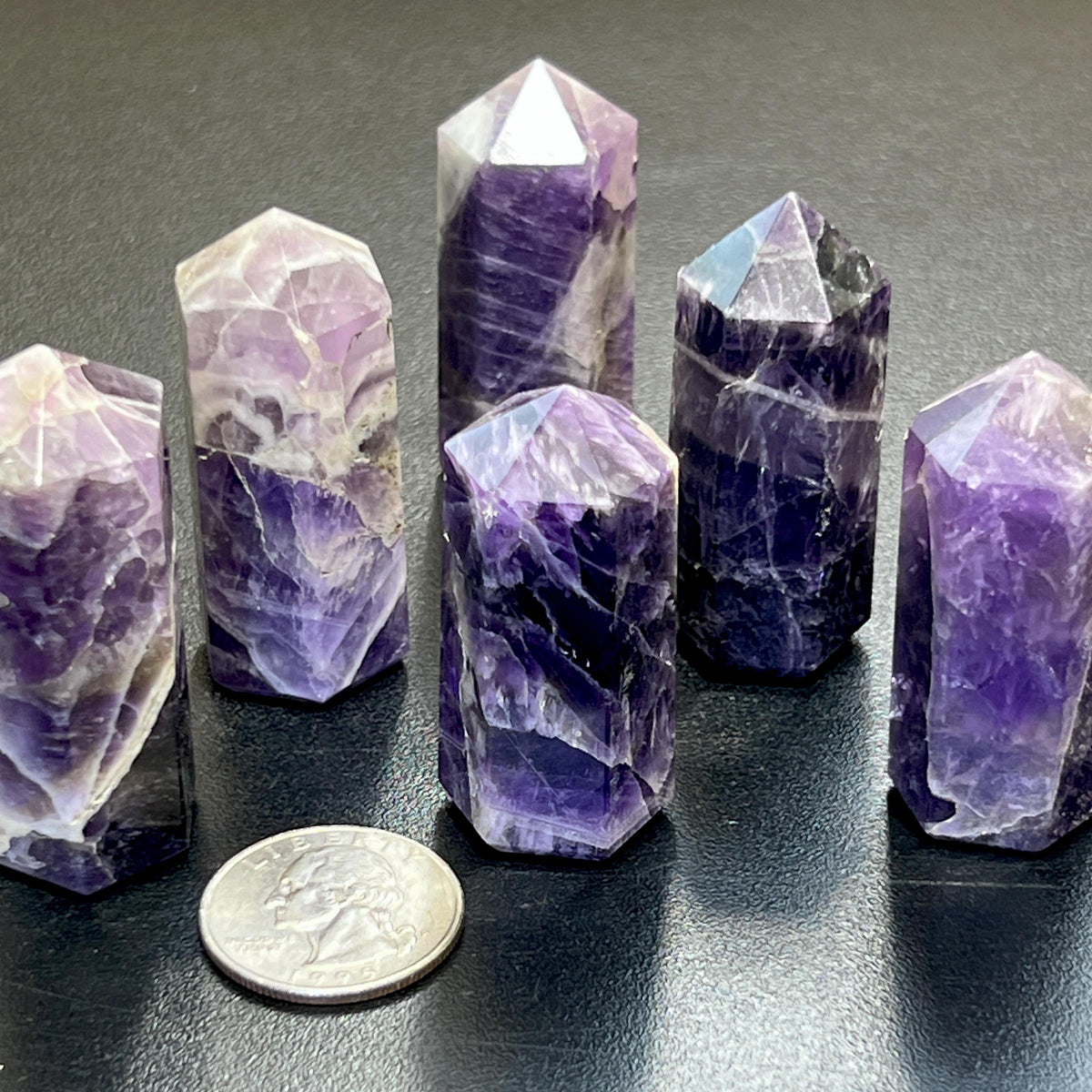 Banded Purple Amethyst Crystal Point Tower Obelisk Carving