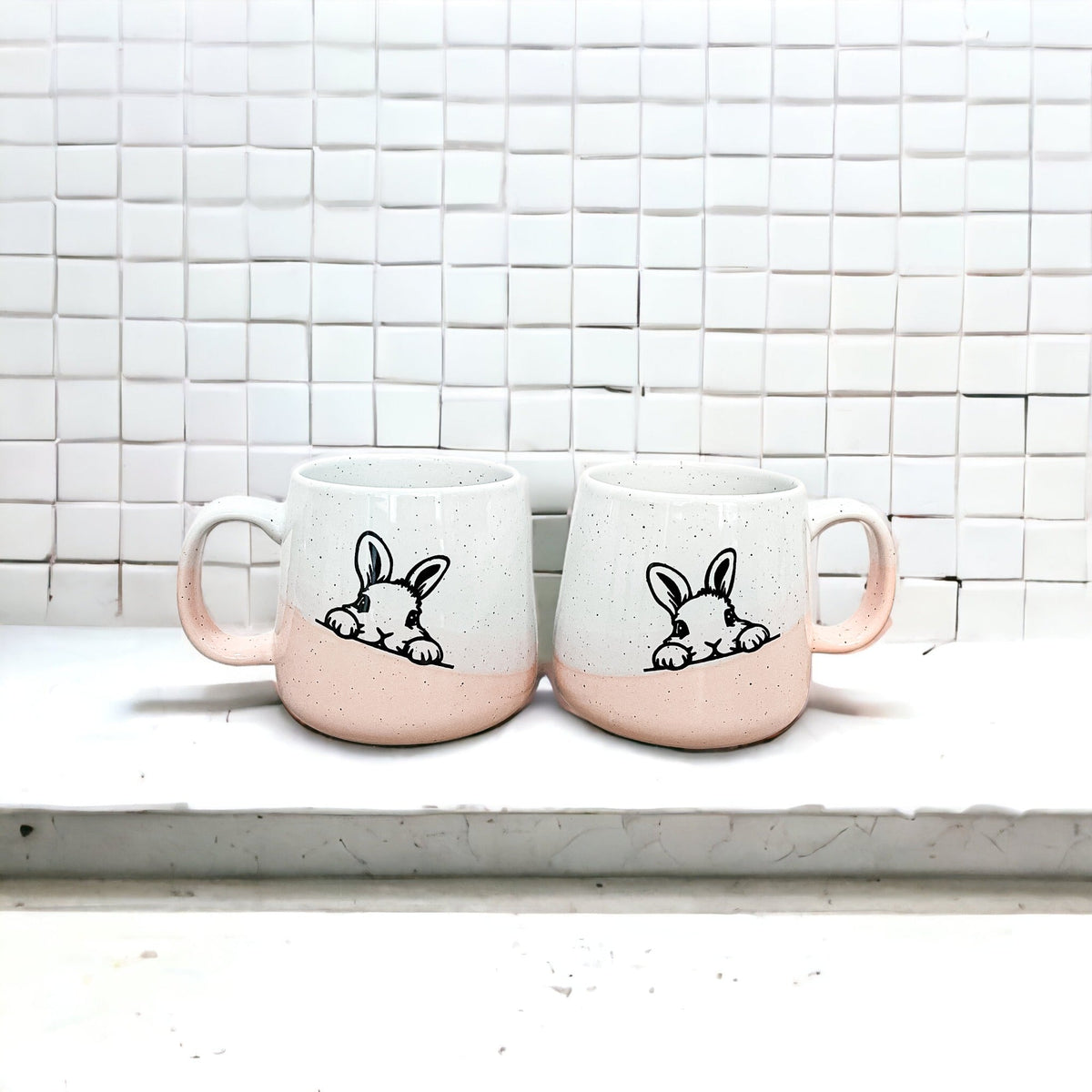 Farmhouse Ceramic Bunny Mug Hand-Painted Ivory With Pastel Pink Base, 12 Oz