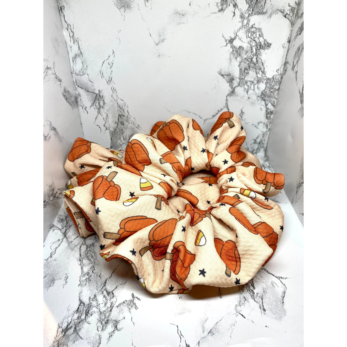 Beige Pumpkin and Candy Corn Halloween Bullet Scrunchie