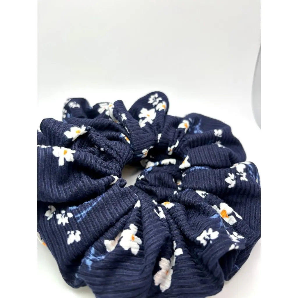 Navy Floral Ribbed Scrunchie