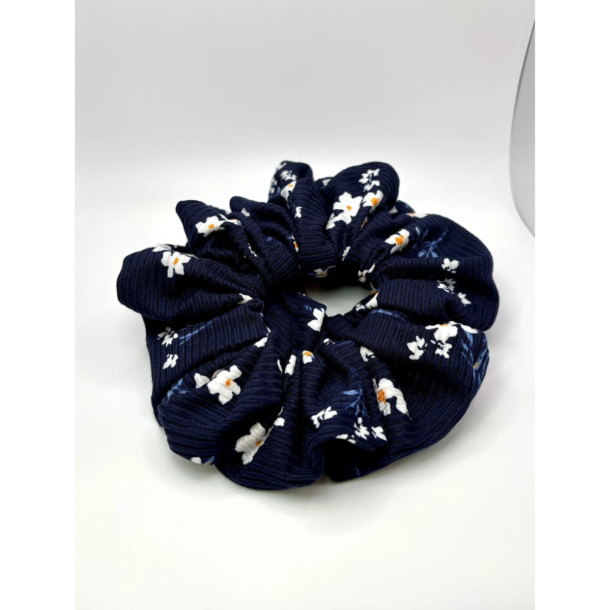 Navy Floral Ribbed Scrunchie