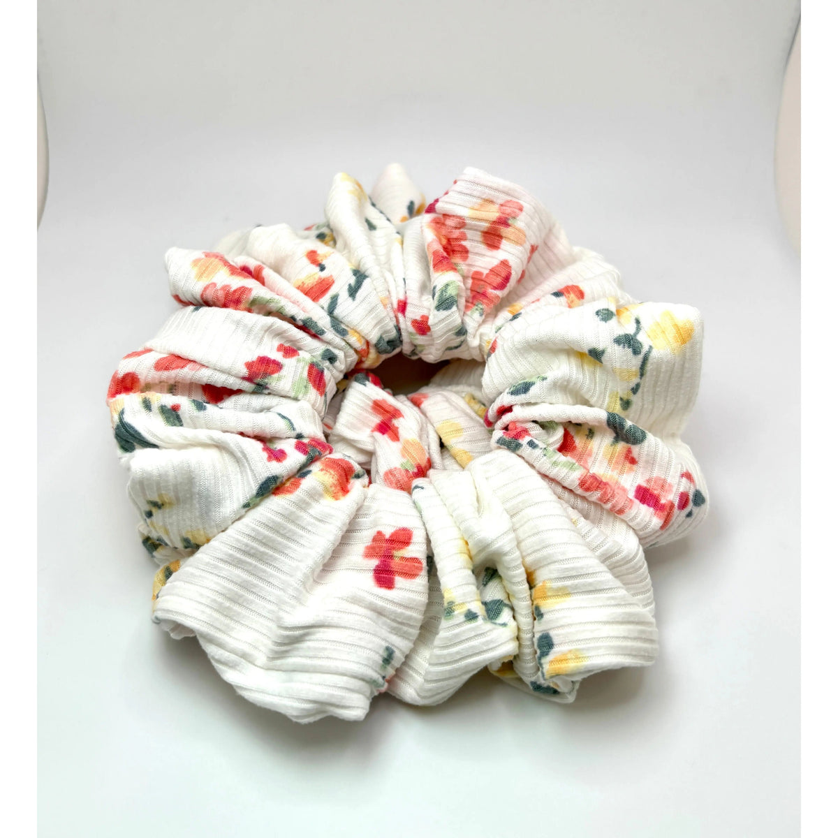 White Floral Summer Ribbed Scrunchie