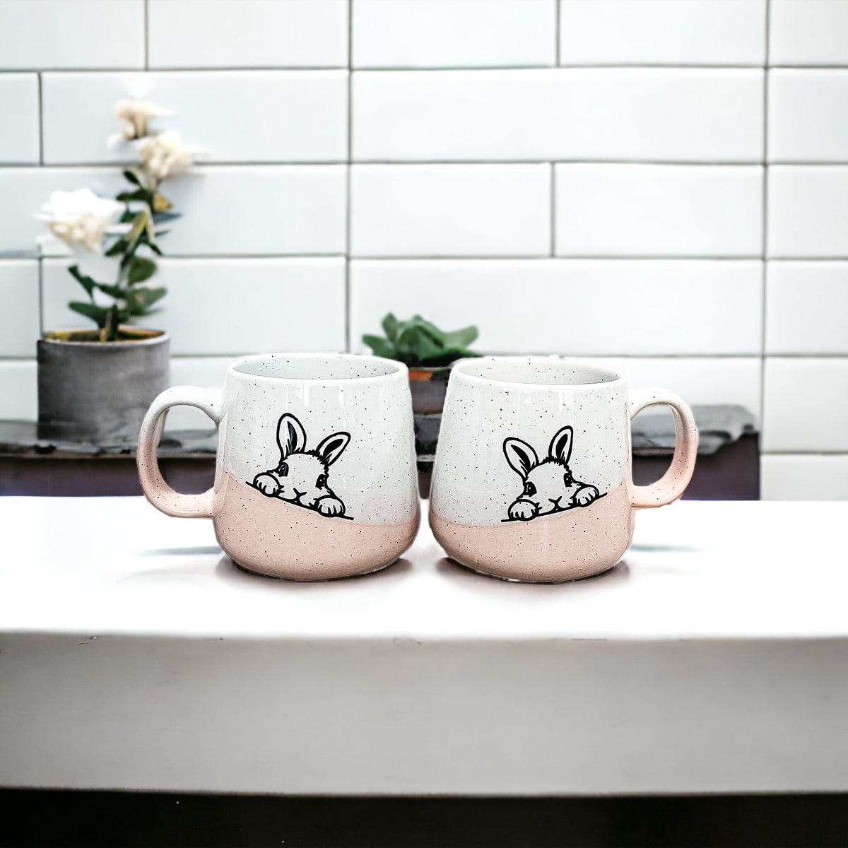 Farmhouse Ceramic Bunny Mug Hand-Painted Ivory With Pastel Pink Base, 12 Oz