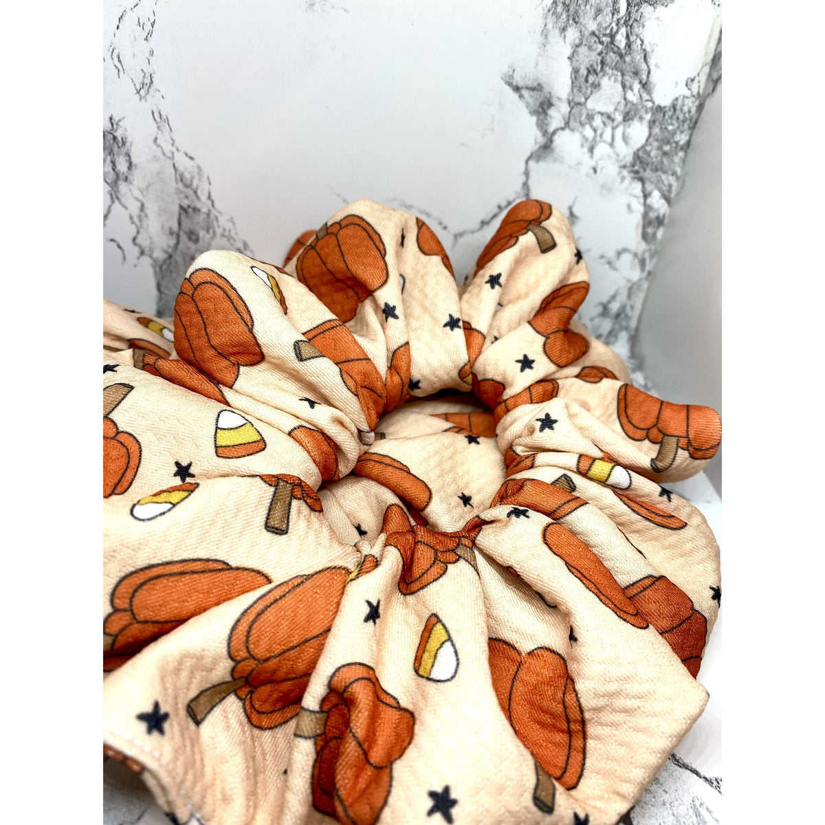 Beige Pumpkin and Candy Corn Halloween Bullet Scrunchie