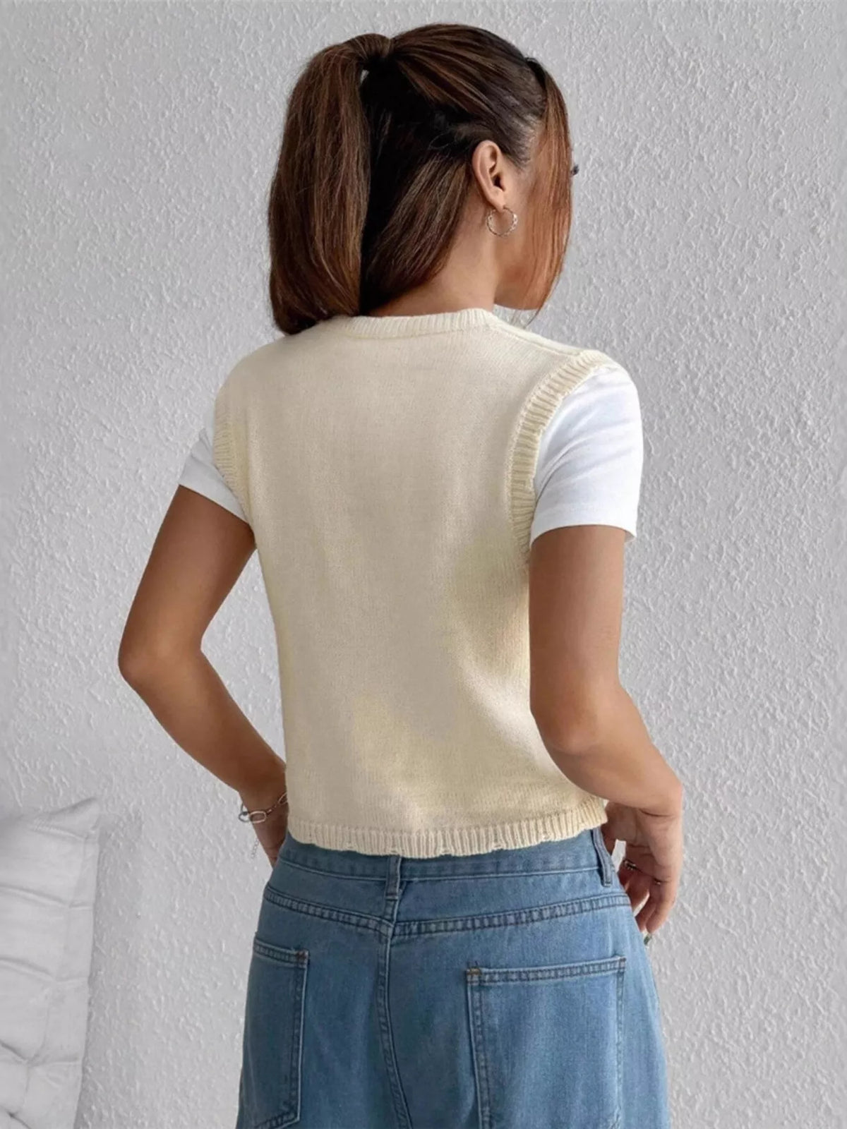 Embroidered Button Up Sweater Vest