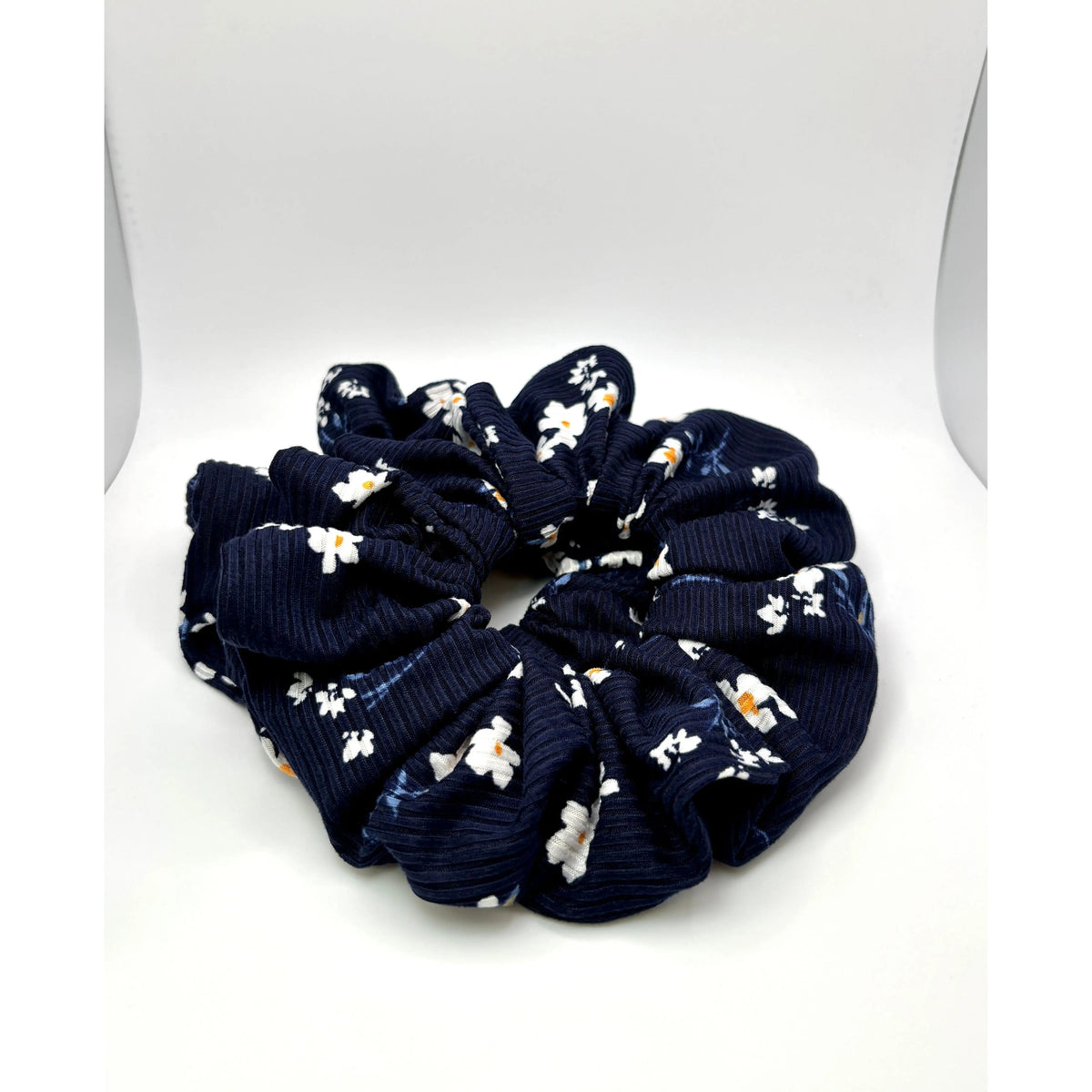 Navy Floral Ribbed Scrunchie