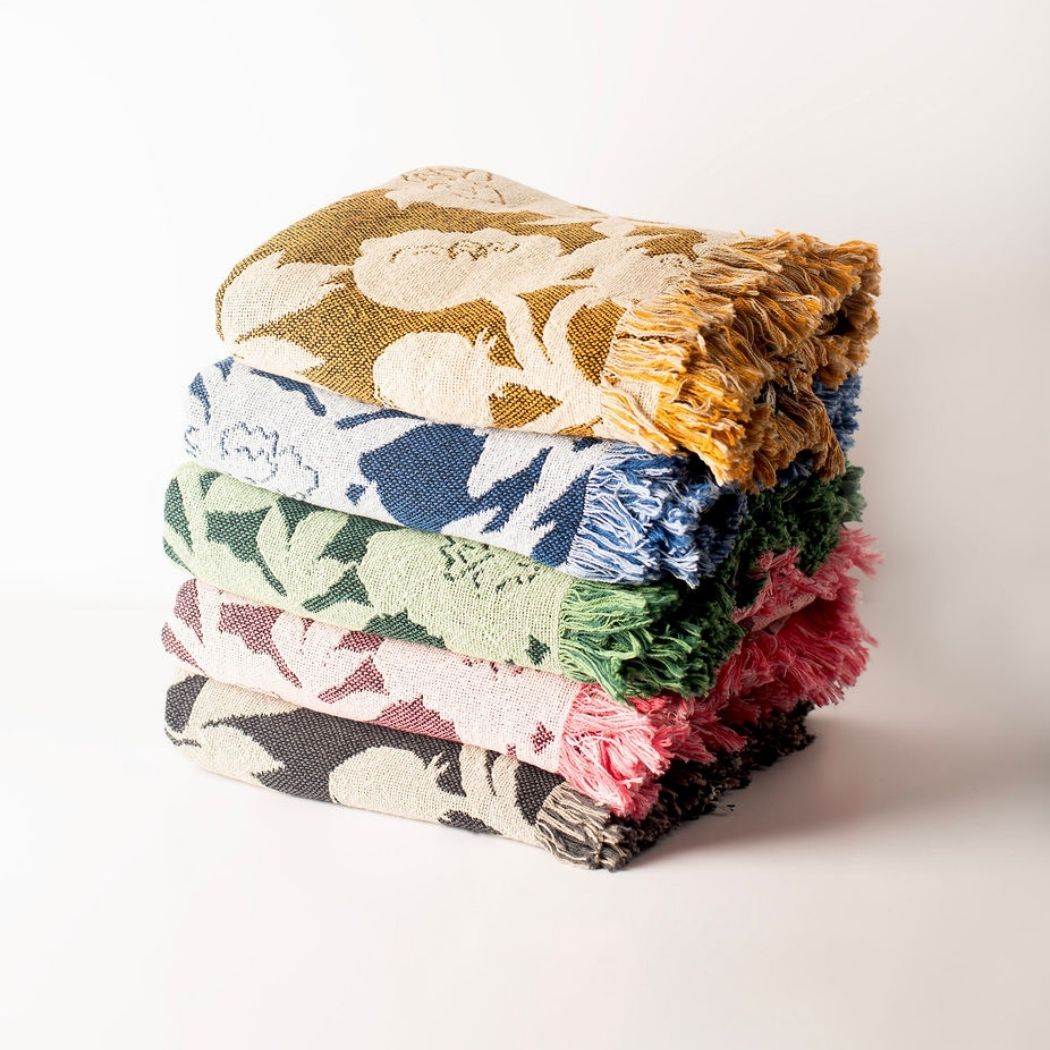 Addy Tuffet Neutral Floral Jacquard Woven Throw Blanket, Reversible Cotton Throw, Made in USA