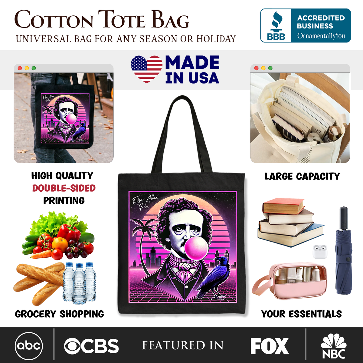 Synthwave 80's Styled Edgar Allan Poe Horror Tote Bag, Vaperwave Classic Retro Neon Halloween Gift Shopper