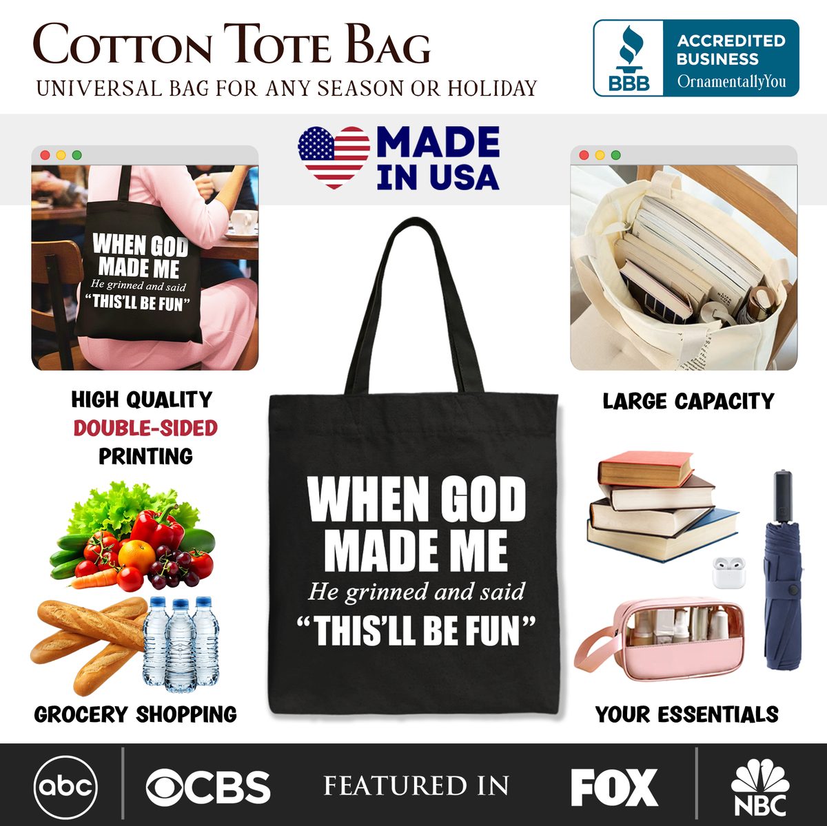 When God Made Me Christian Tote Bag, Funny Faith Gift Shopper