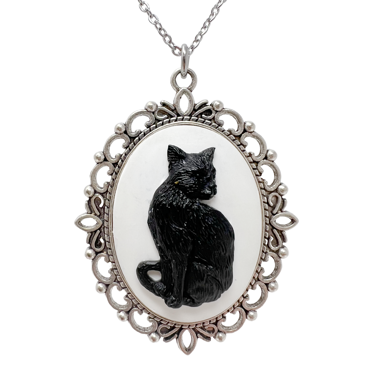 Gothic Black Cat Necklace Victorian Cameo Witchy Jewelry
