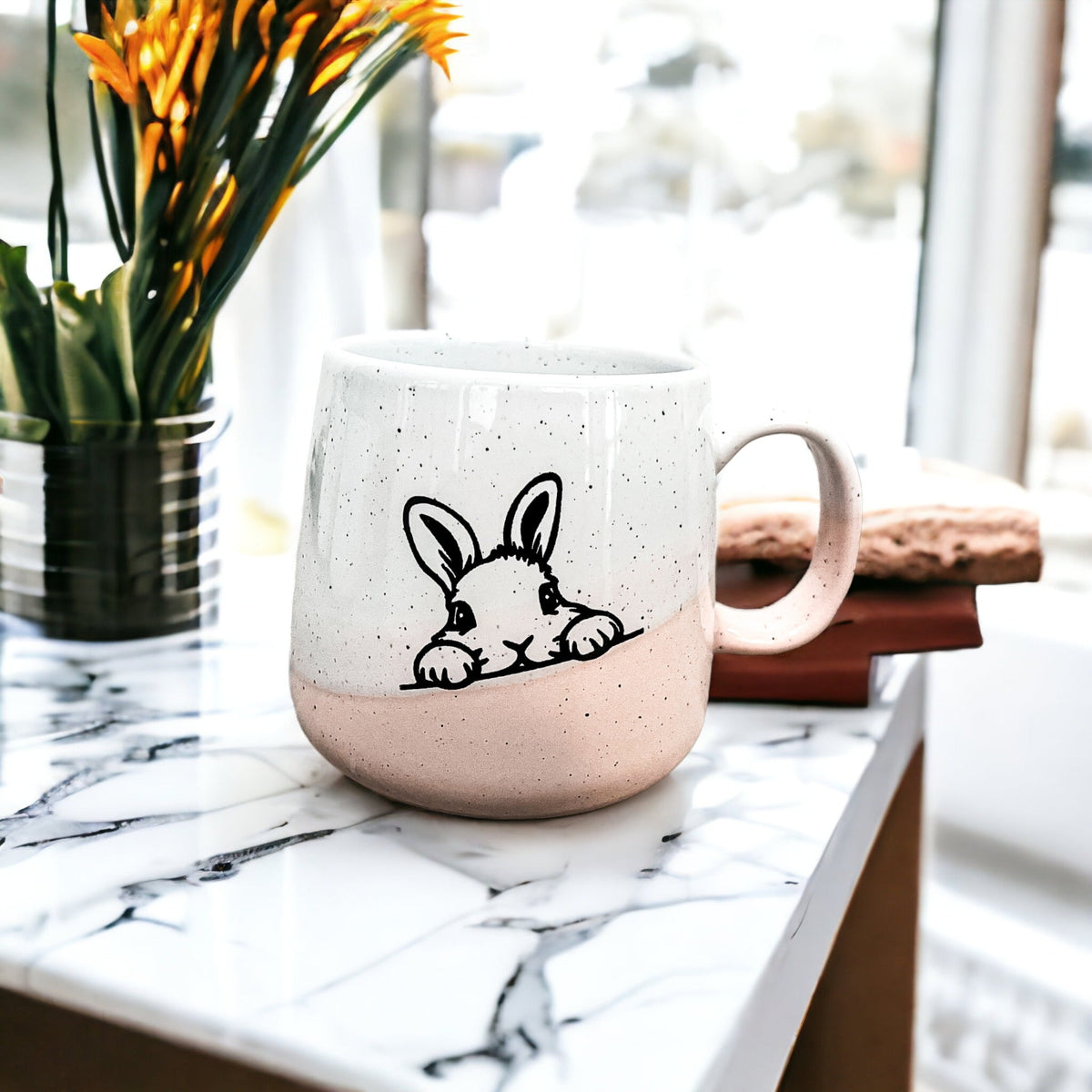 Farmhouse Ceramic Bunny Mug Hand-Painted Ivory With Pastel Pink Base, 12 Oz