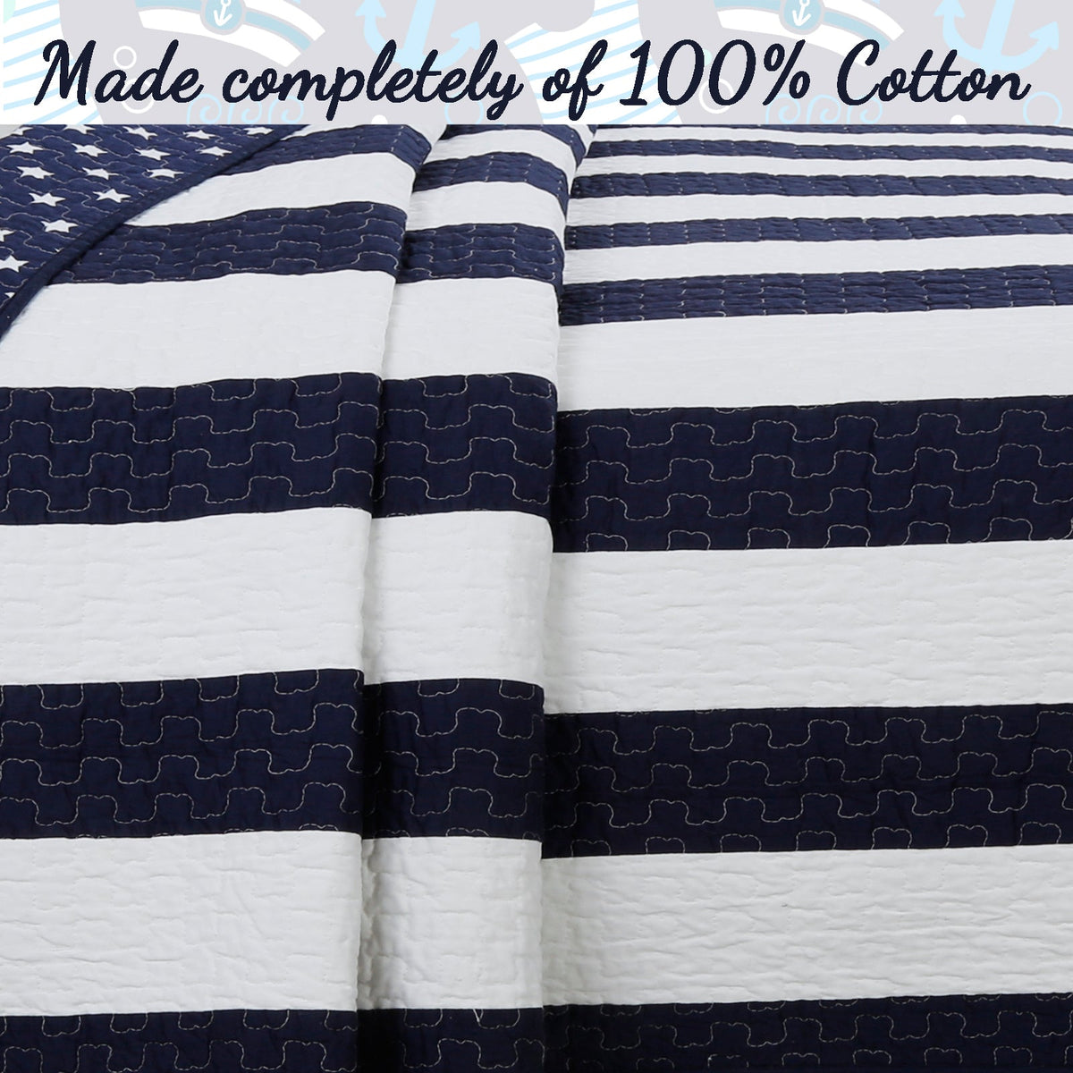 Ameristar Sailor Blue & White Striped Cotton Reversible Quilt Bedding Set