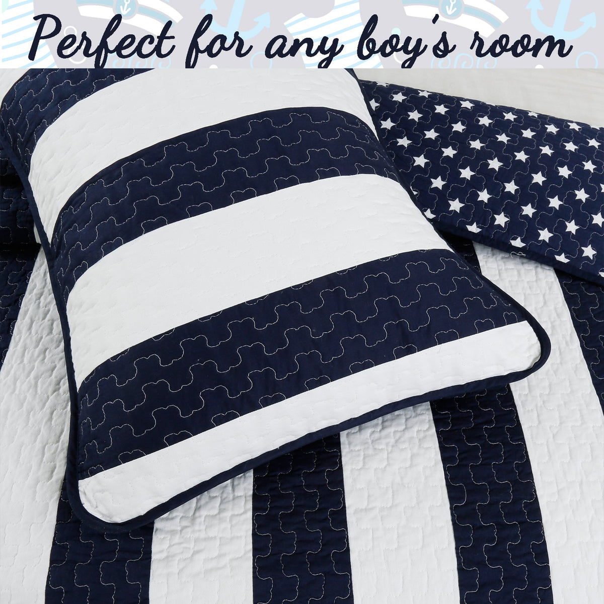Ameristar Sailor Blue & White Striped Cotton Reversible Quilt Bedding Set