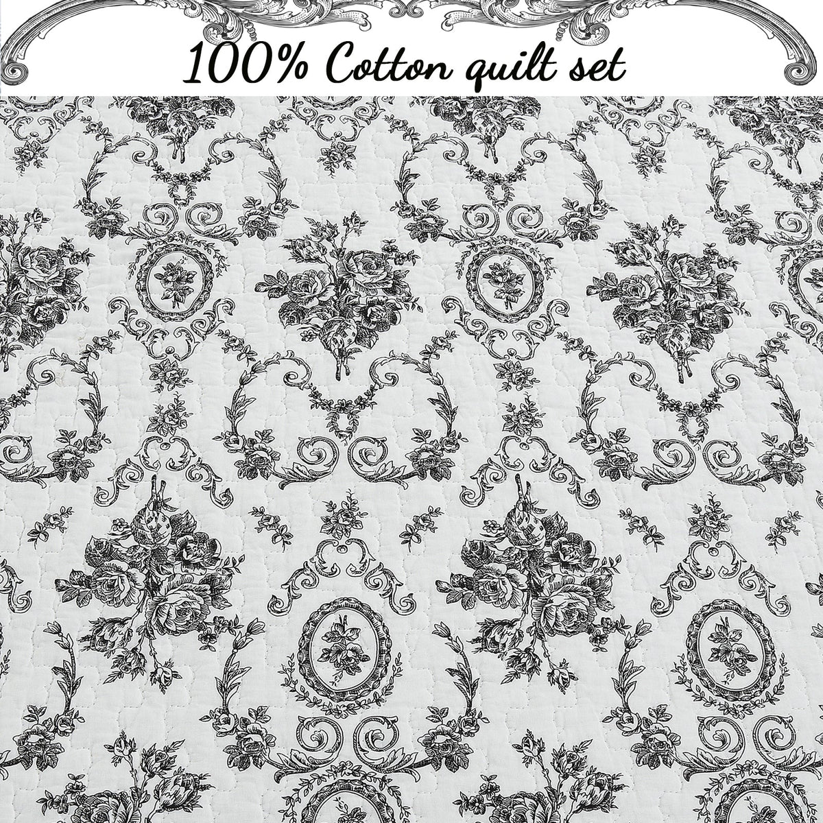French Medallion Black Scalloped Edge Cotton 3-piece Reversible Quilt Bedding Set