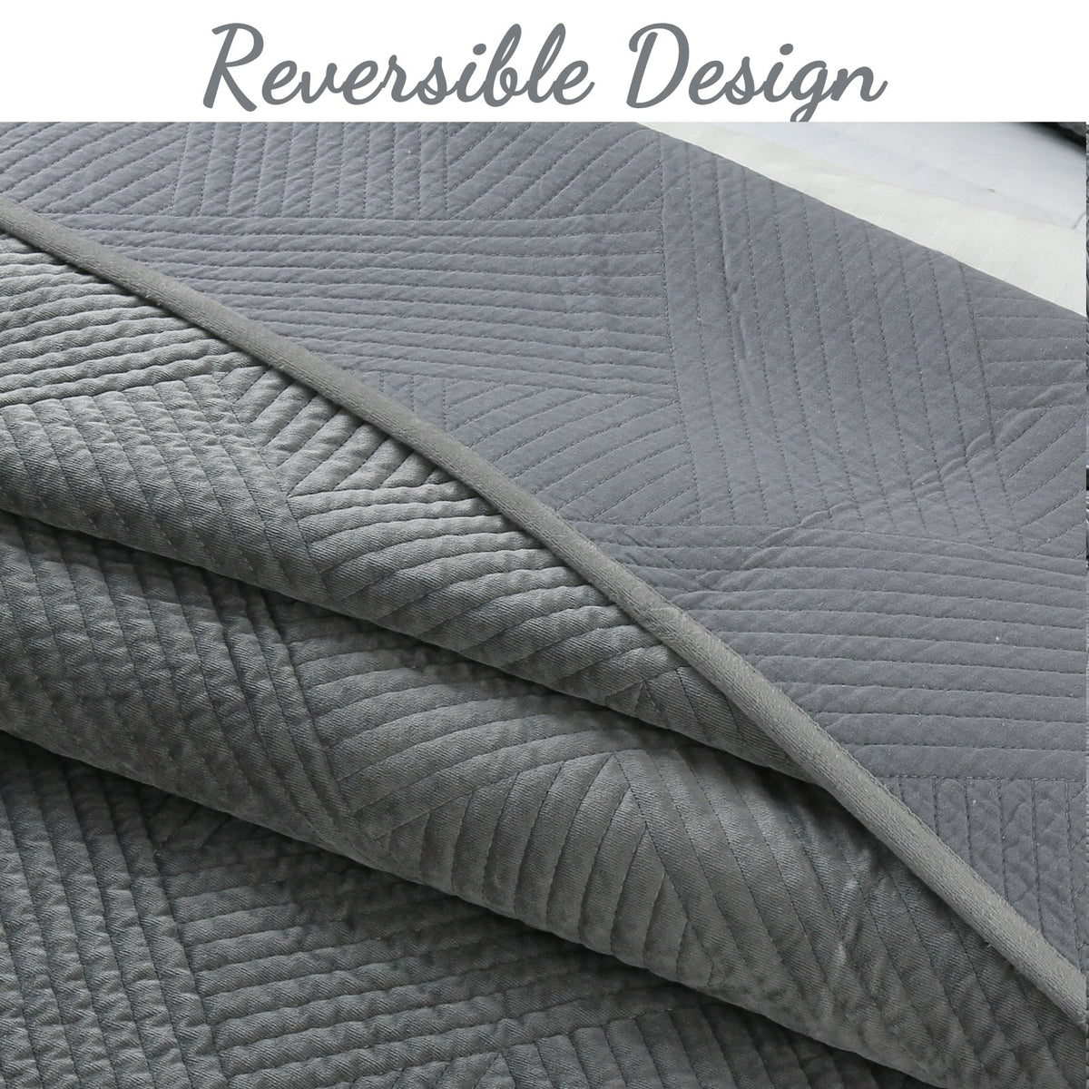 Soft Velvet Basket Weave Stripe Solid Blue or Grey 3-Piece Reversible Quilt Bedding Set