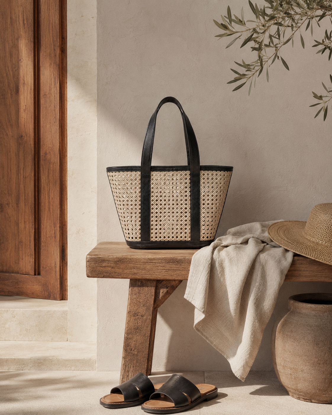 Raja Leather and Cane Carryall Bag