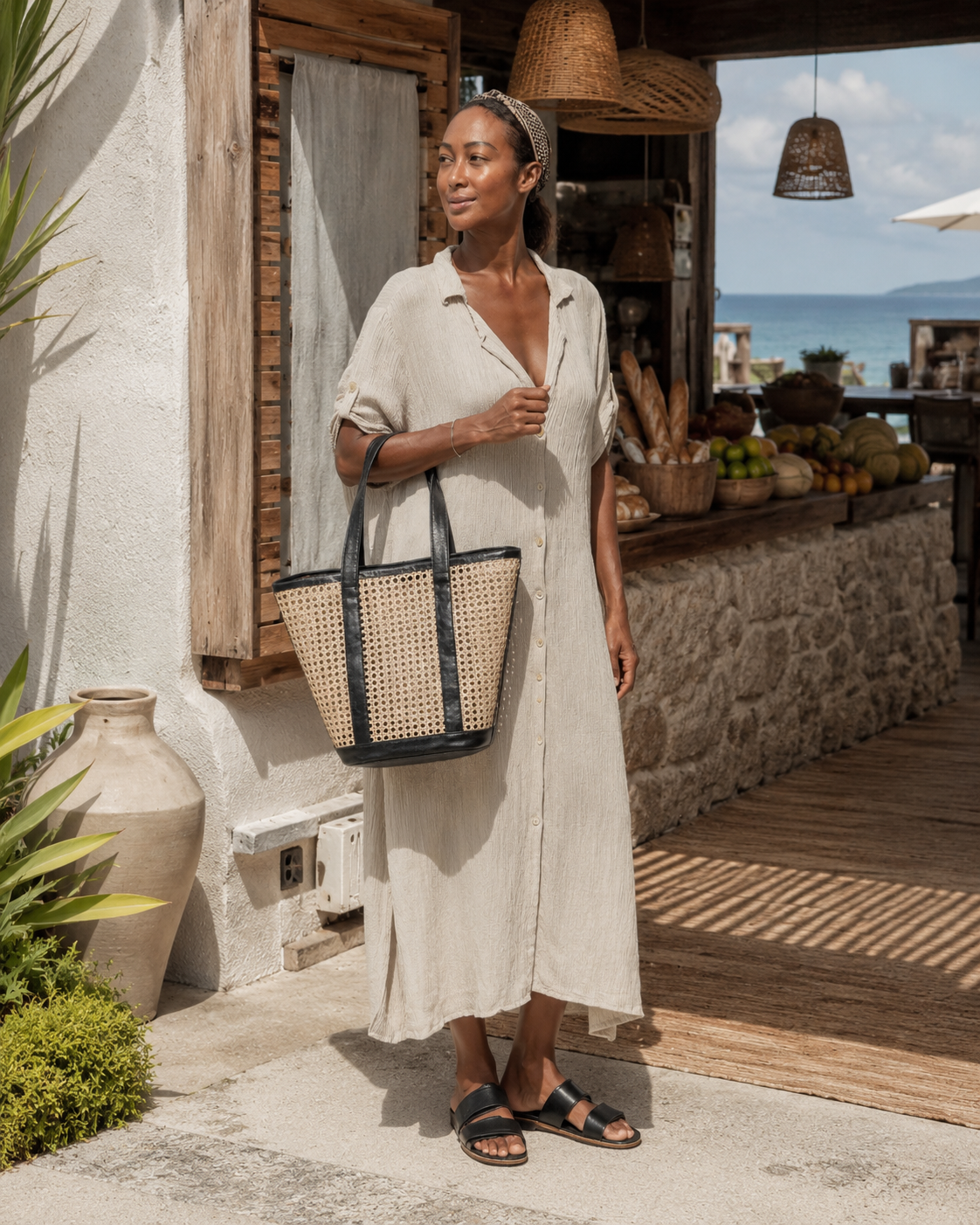 Raja Leather and Cane Carryall Bag